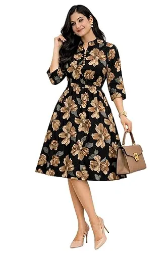 Midi Dresses – Women’s Floral Printed A-Line 3/4 Sleeve Casual & Party Wear Dress