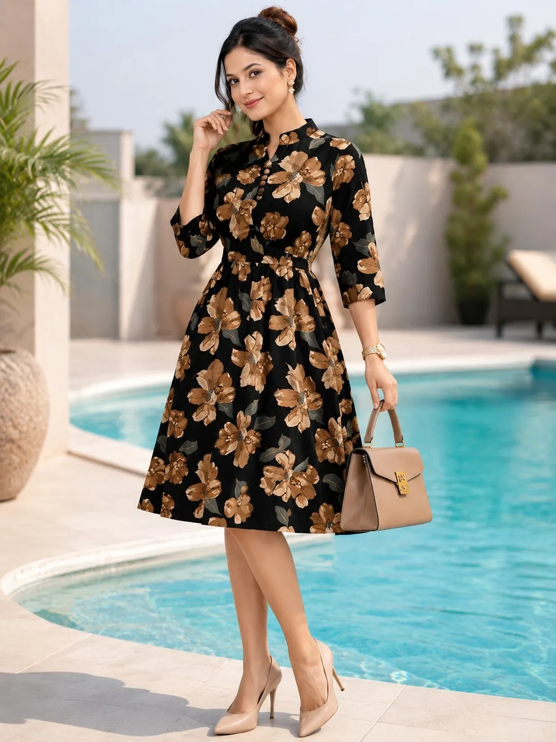 Midi Dresses – Women’s Floral Printed A-Line Casual Dress with Stylish Fit