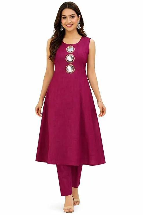 Kurta Sets – Women’s Sleeveless A-Line Mirror Work Kurta with Straight Fit Pants