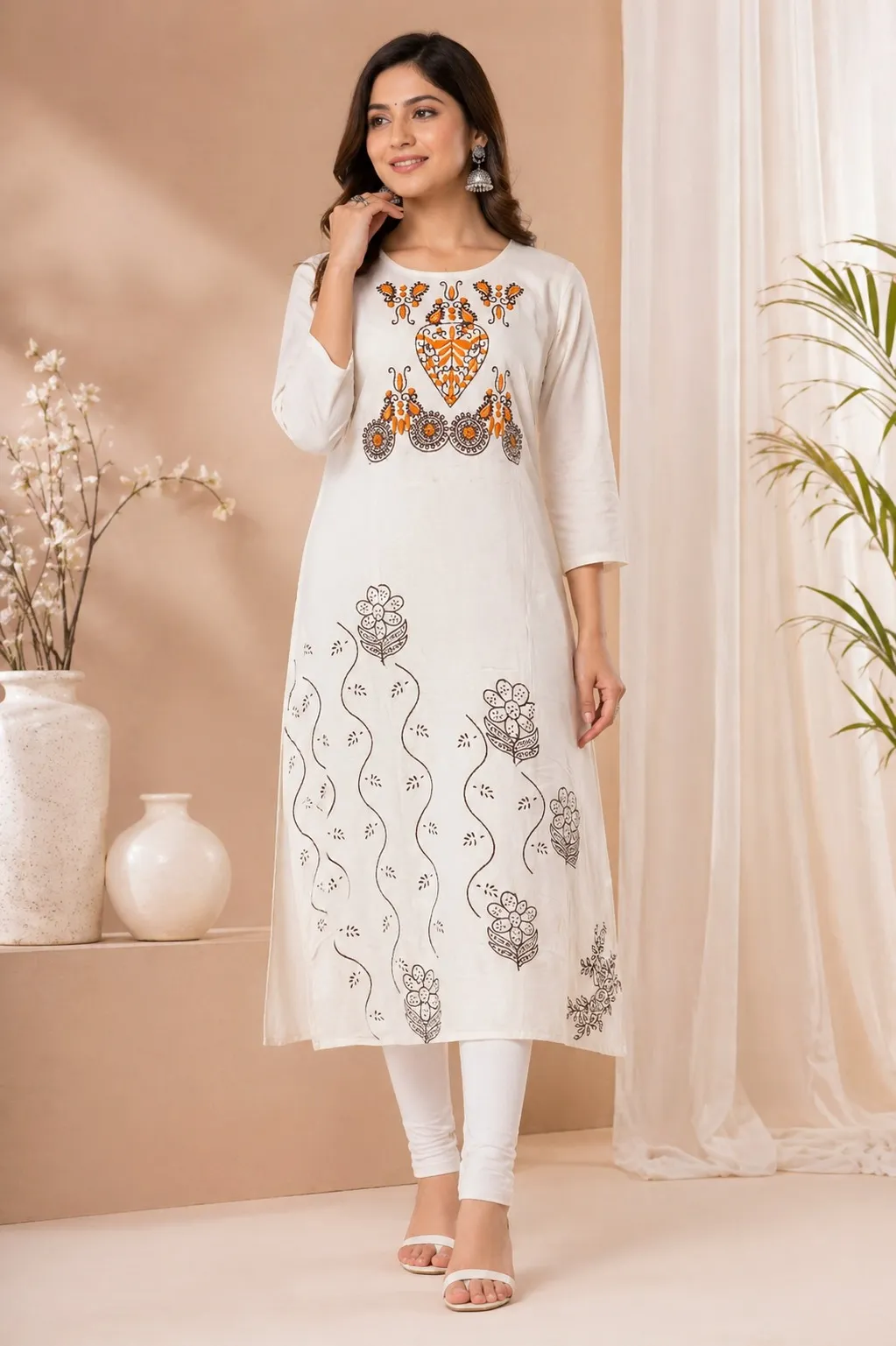 A-Line Kurtis – Women’s Printed Ethnic 3/4 Sleeve Long Kurta for Casual & Office Wear