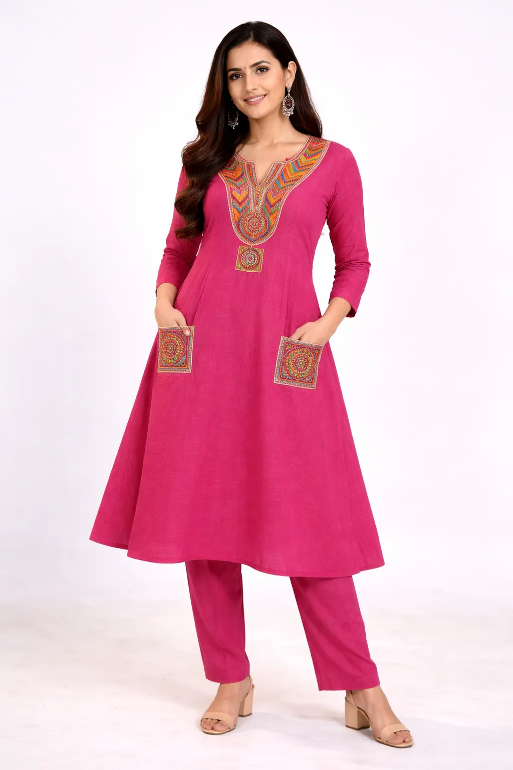 Kurta Pant Sets – Women’s Cotton A-Line Embroidered Kurta with Matching Pants
