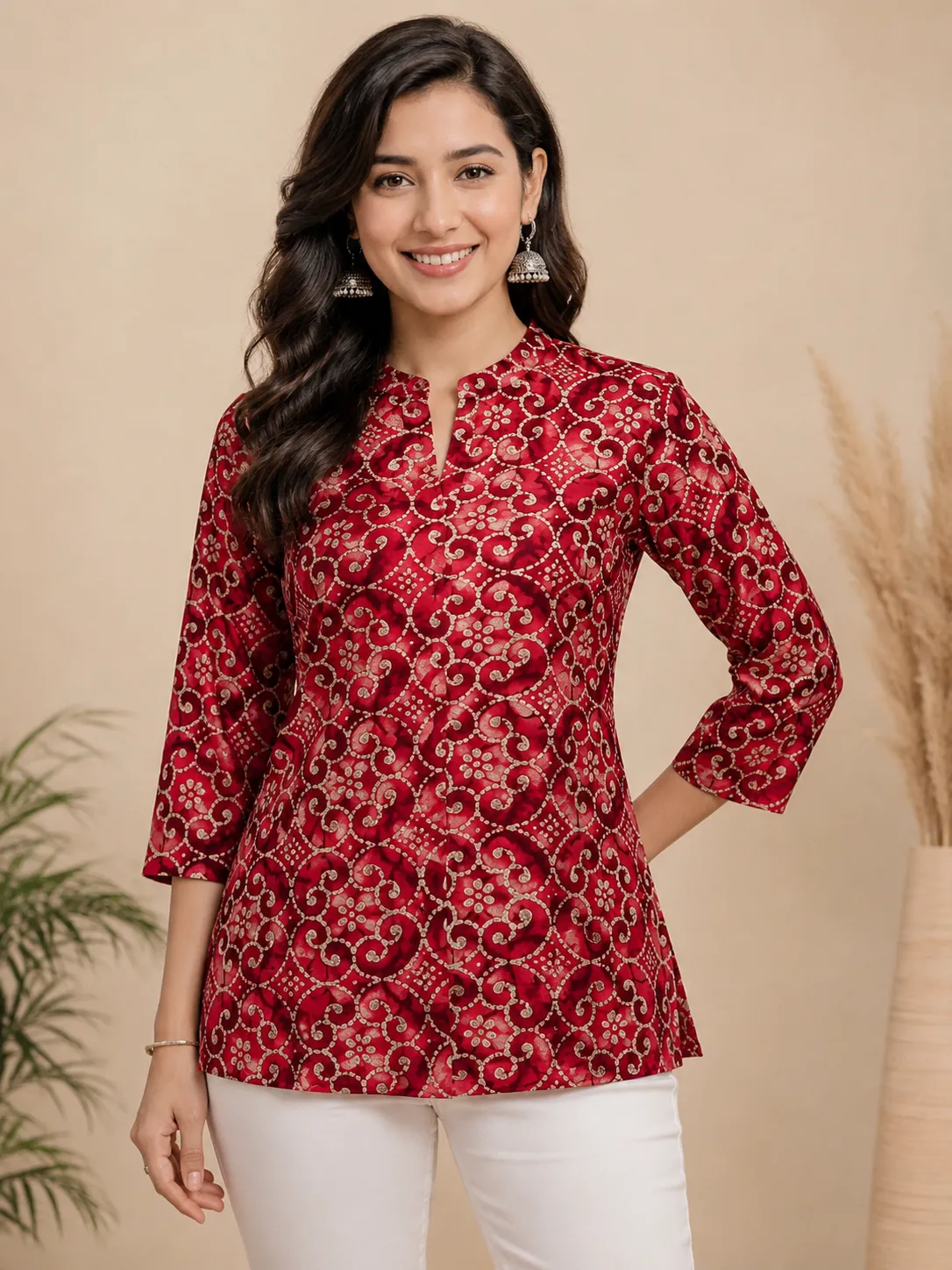 Short Kurtis – Women’s Red Ethnic Printed Mandarin Collar 3/4 Sleeve Casual Top