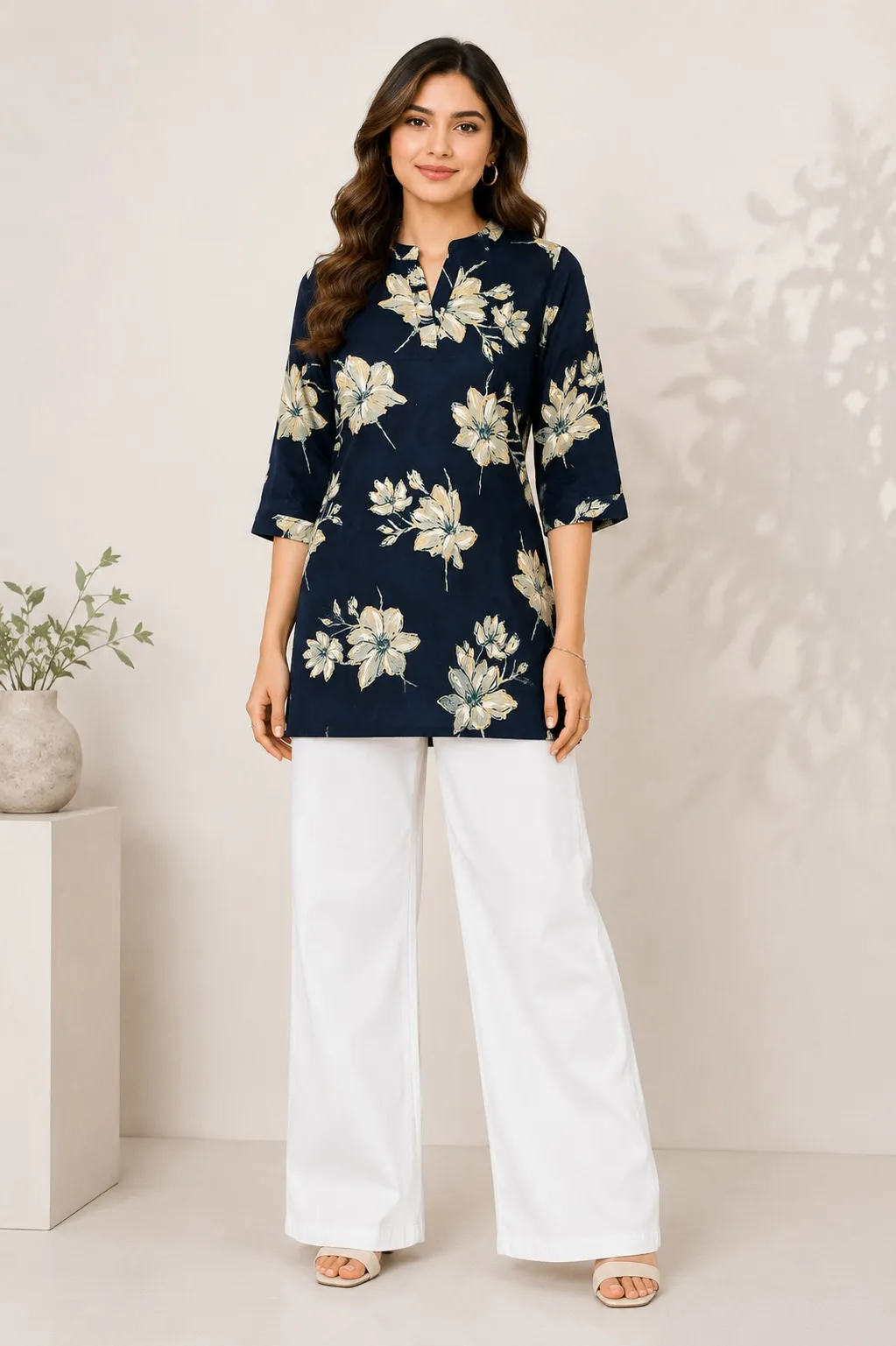 Kurtis – Women’s Navy Blue Floral Printed Mandarin Collar Straight Cut Ethnic Tunic