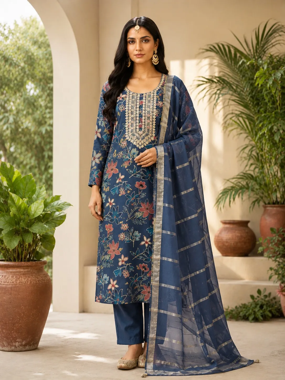 Kurta Sets – Women’s Navy Blue Floral Embroidered Kurta with Dupatta 3-Piece Set
