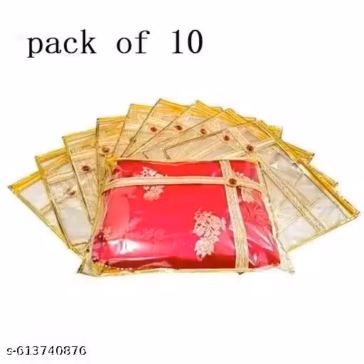 Saree Covers – Pack of 10 Golden Border Premium PVC Zip Storage Bags for Sarees