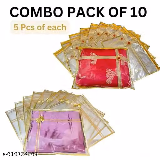 Saree Covers – Pack of 10 Golden Border Premium Non-Woven Zip Storage Bags
