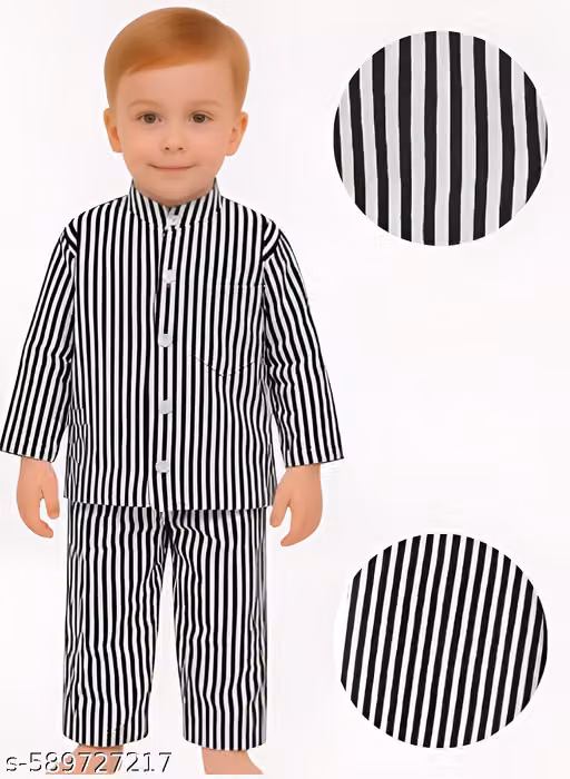 Kids Cotton Blend Striped T-Shirt & Pajama Night Suit Set