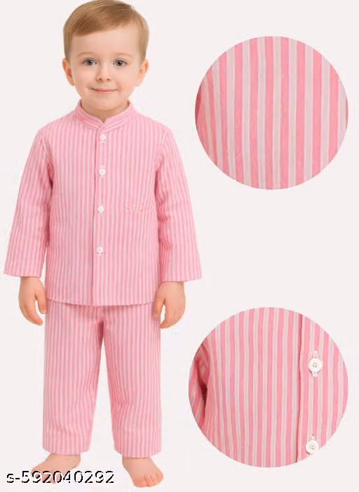 Kids Cotton Silk Striped Shirt & Pajama Night Suit Set