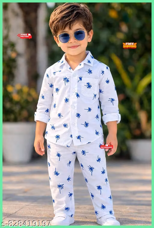 Boys Cotton Palm Tree Printed Shirt & Pajama Set