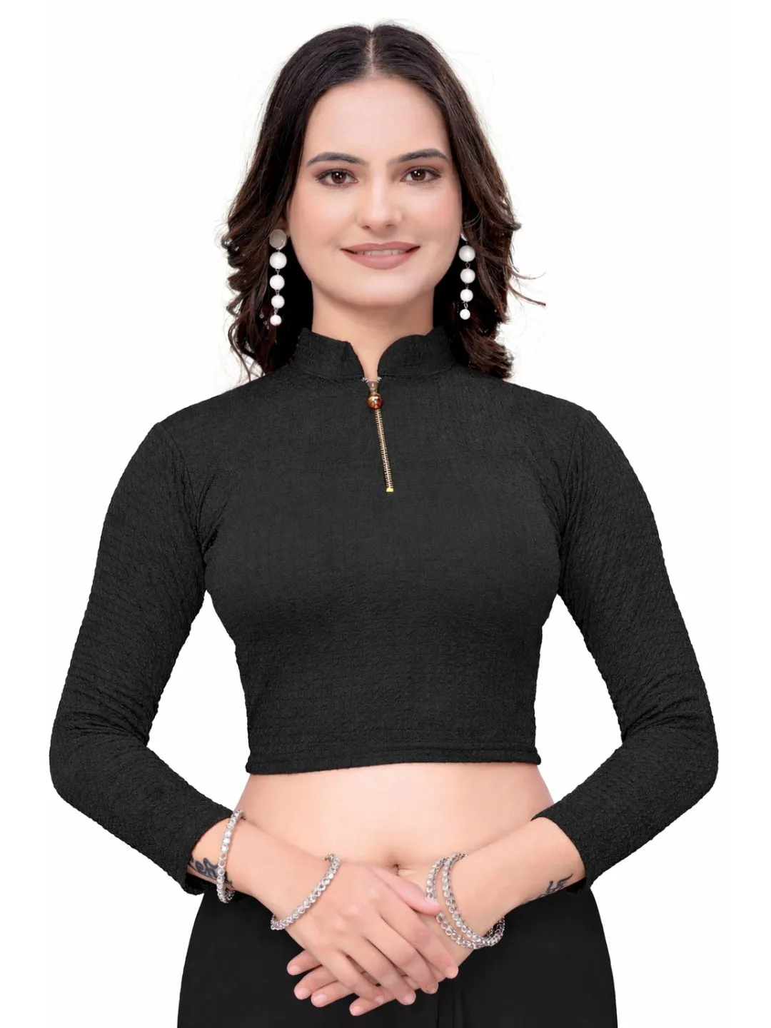 Women’s Black Bubble Blouse | Readymade Stretchable Saree Blouse | Full Sleeve Collar Neck