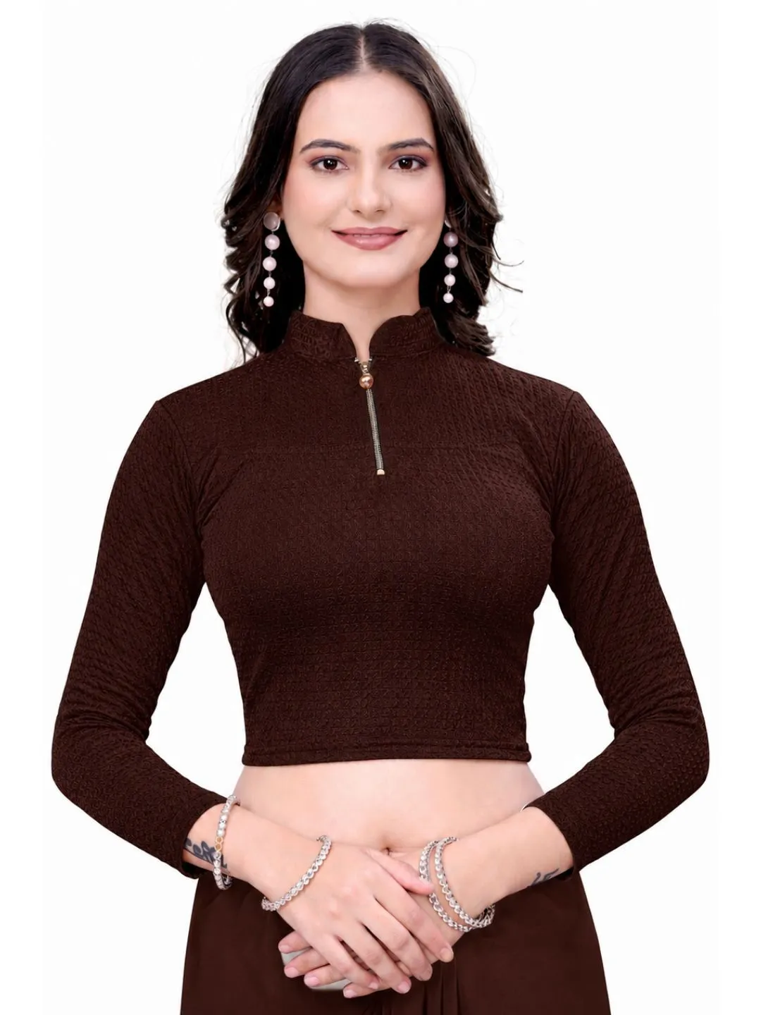 Women’s Coffee Bubble Blouse | Stylish Readymade Saree Choli | Stretchable Full Sleeve Blouse