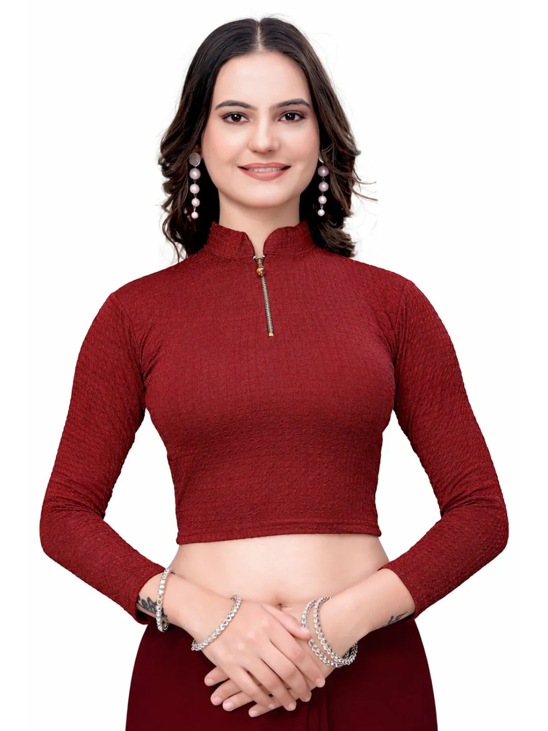 Maroon Bubble Blouse for Women | Fancy Readymade Saree Blouse | Full Sleeve Collar Neck
