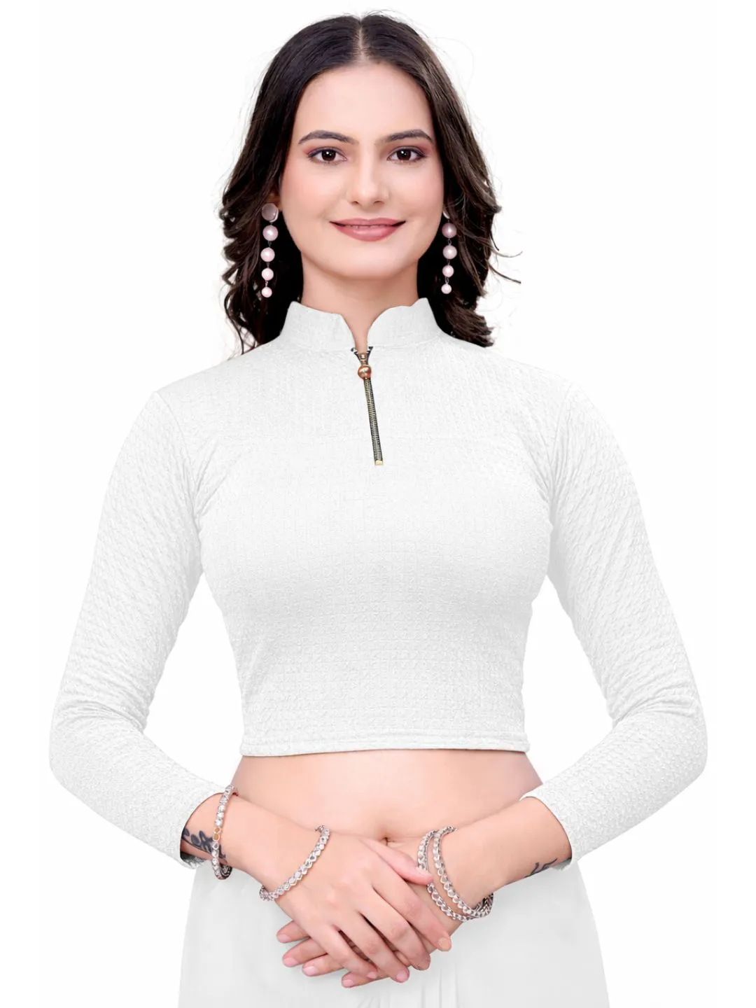White Bubble Blouse for Women | Elegant Readymade Saree Blouse | Full Sleeve Collar Neck