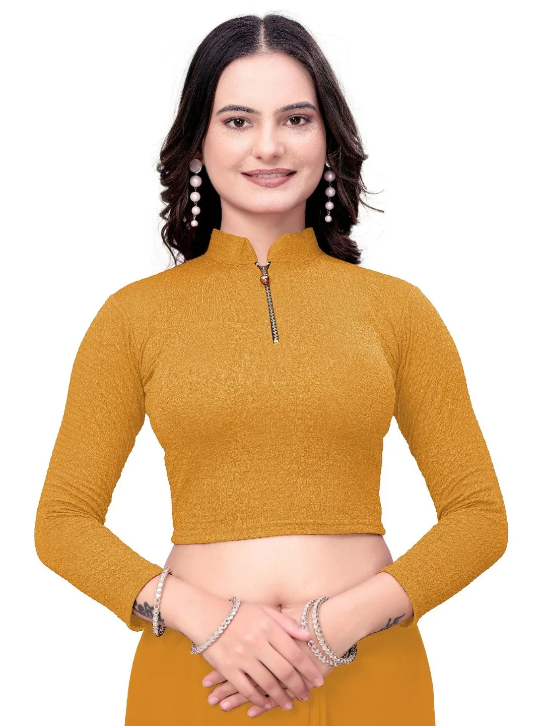 Mustard Bubble Blouse for Women | Fancy Stretchable Saree Choli | Readymade Full Sleeve Blouse