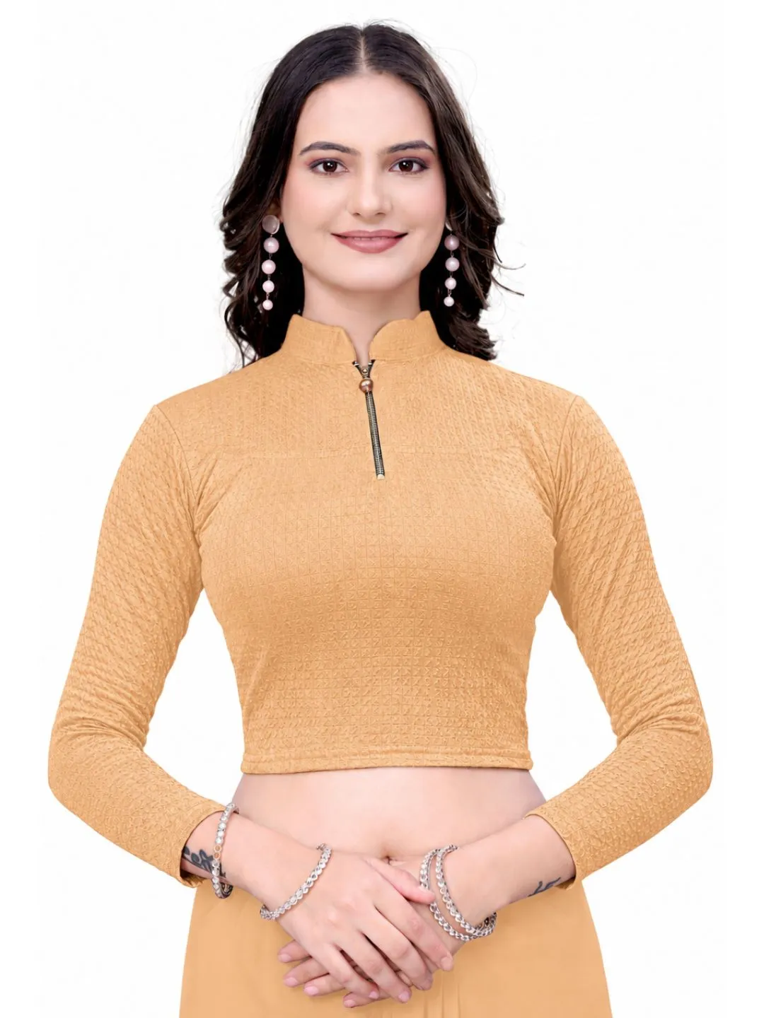 Beige Bubble Blouse for Women | Readymade Saree Choli | Stretchable Full Sleeve Collar Blouse