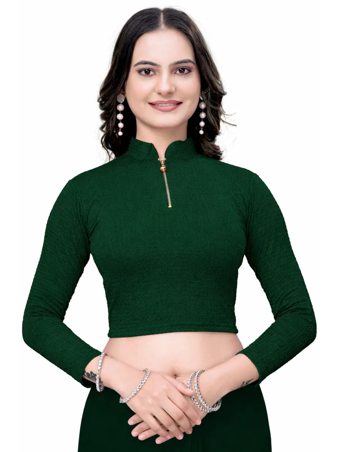 Green Bubble Blouse for Women | Designer Readymade Saree Blouse | Stretchable Full Sleeve Choli