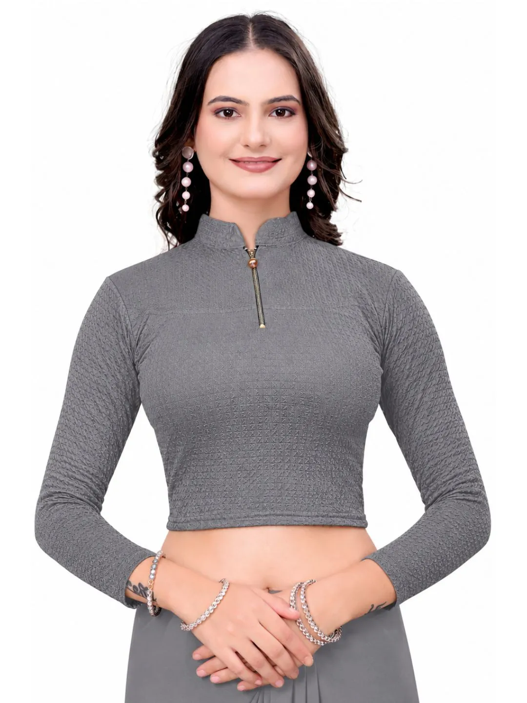 Grey Bubble Blouse for Women | Stylish Saree Blouse | Readymade Stretchable Full Sleeve Choli