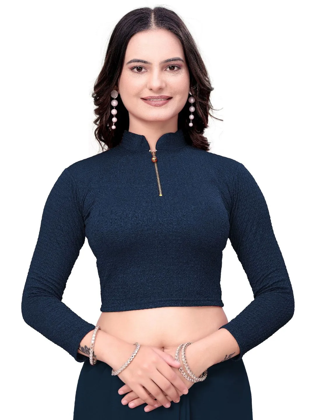 Navy Blue Bubble Blouse for Women | Fancy Saree Choli | Stretchable Full Sleeve Blouse