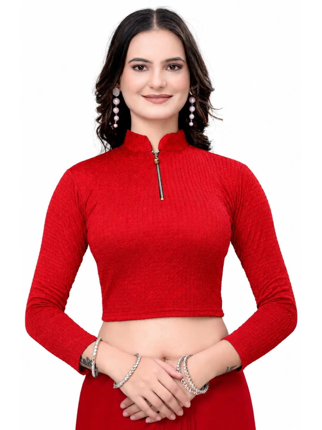Red Bubble Blouse for Women | Readymade Designer Saree Blouse | Full Sleeve Collar Neck