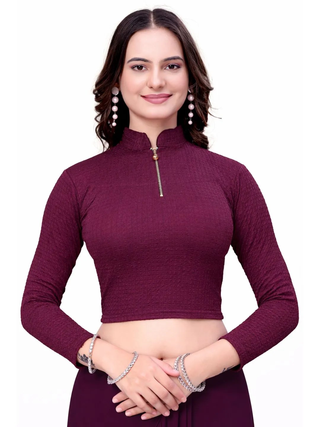 Wine Bubble Blouse for Women | Elegant Stretchable Saree Choli | Readymade Full Sleeve Blouse