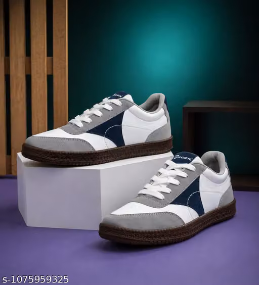 Men’s White Grey & Navy Retro Colorblocked Lace-Up Sneakers