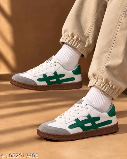 Men's White & Green Retro Colorblocked Lace-Up Sneakers