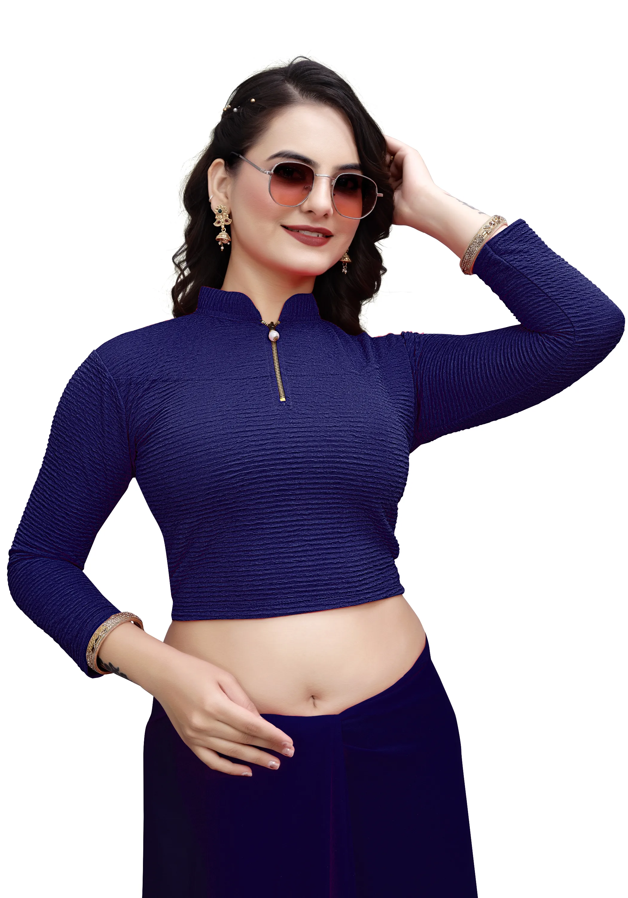 Readymade Crush Blouse for Women | High Neck Front Zip Saree Choli