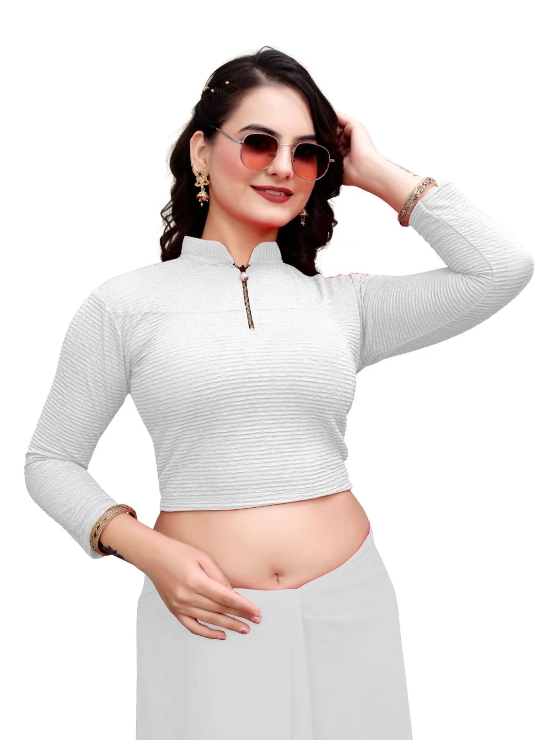 High Neck Crush Chain Blouse | Women’s Stretchable Readymade Saree Choli