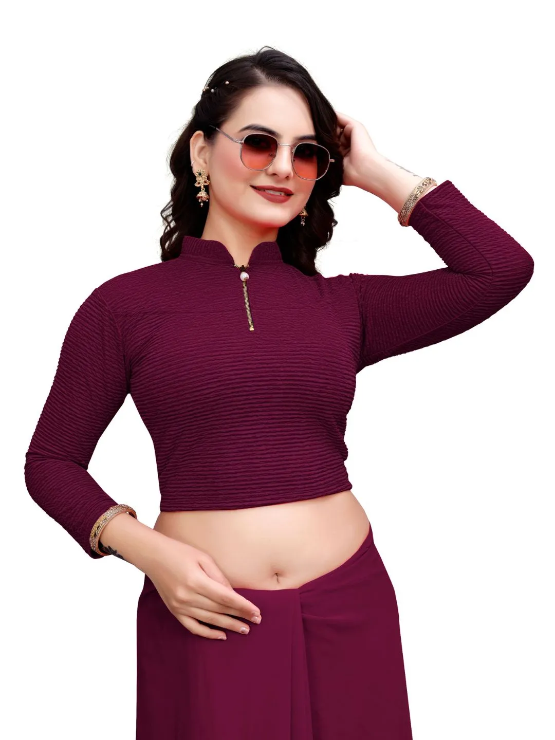 Front Zip Blouse for Women | Stretchable Crush Cotton Blend Saree Blouse