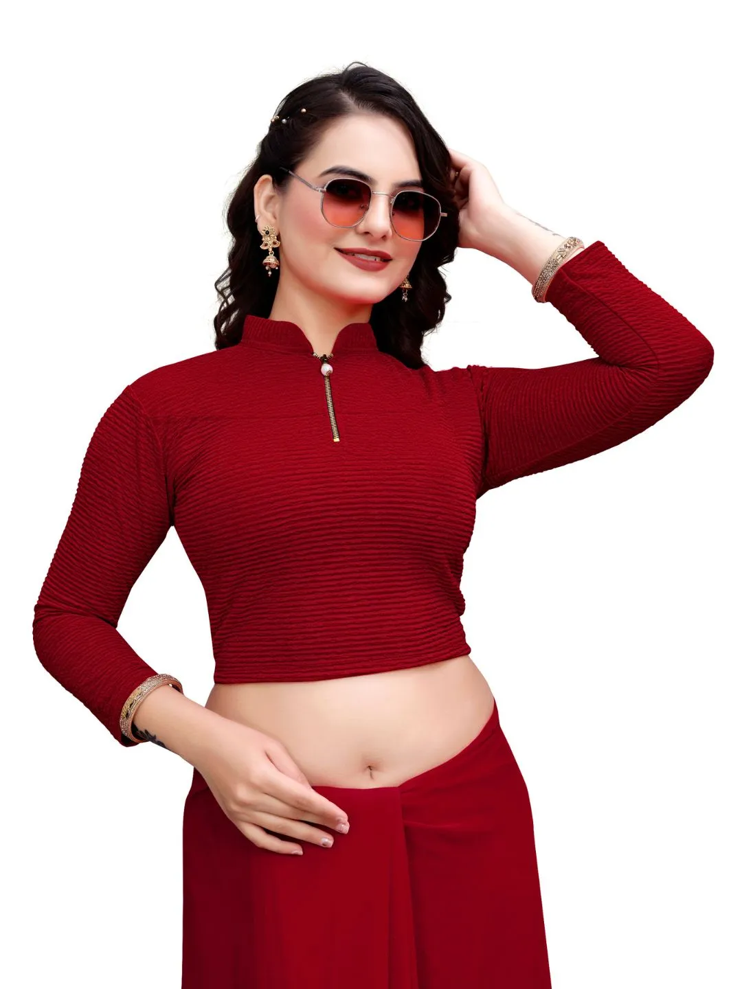 Women’s Designer Chain Blouse | High Neck 3/4 Sleeve Readymade Choli