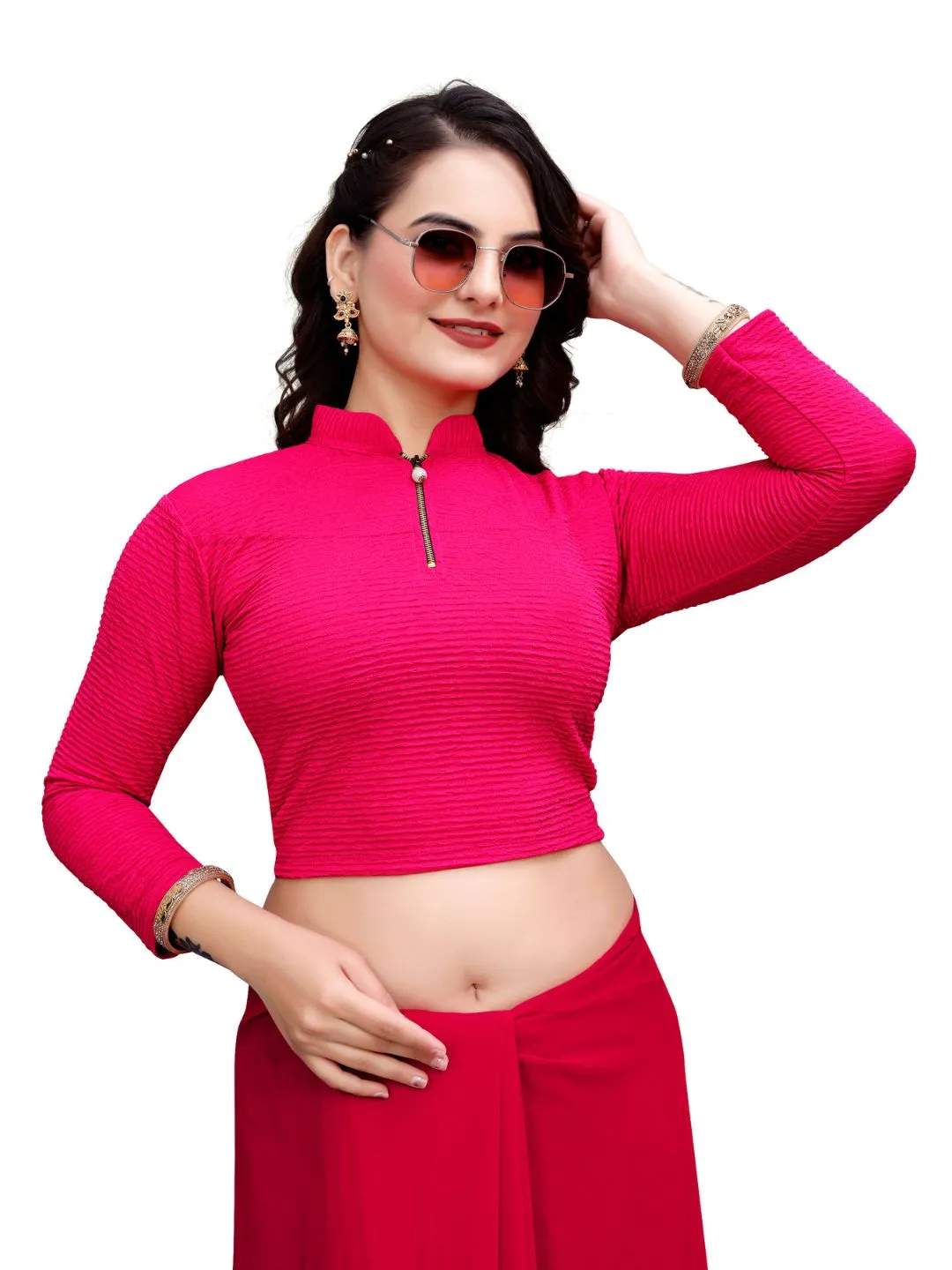 Stretchable Saree Blouse for Women | Crush Cotton Blend Front Zip Choli
