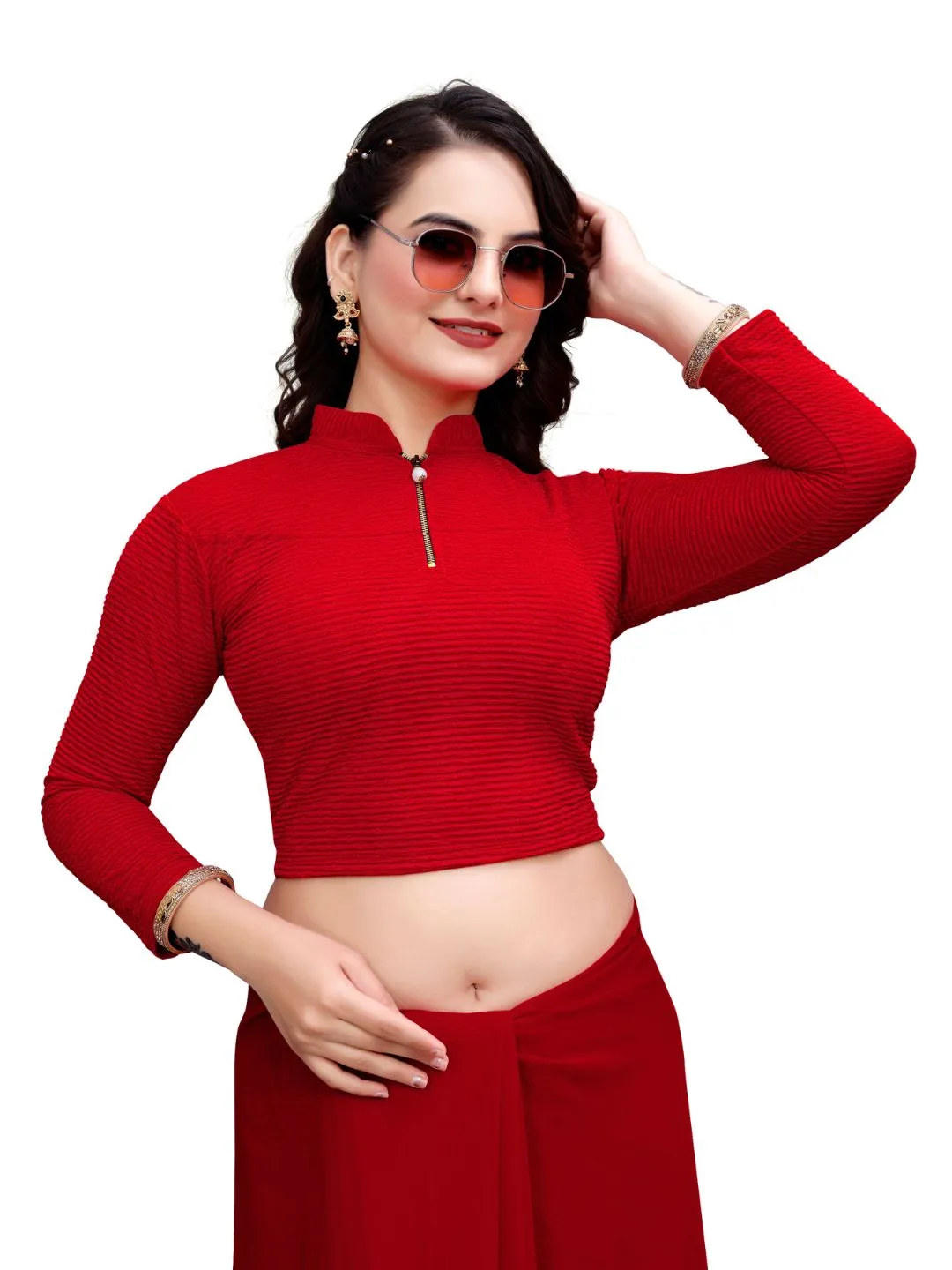 Women’s Crush Saree Choli | High Neck Front Zip Stretchable Blouse