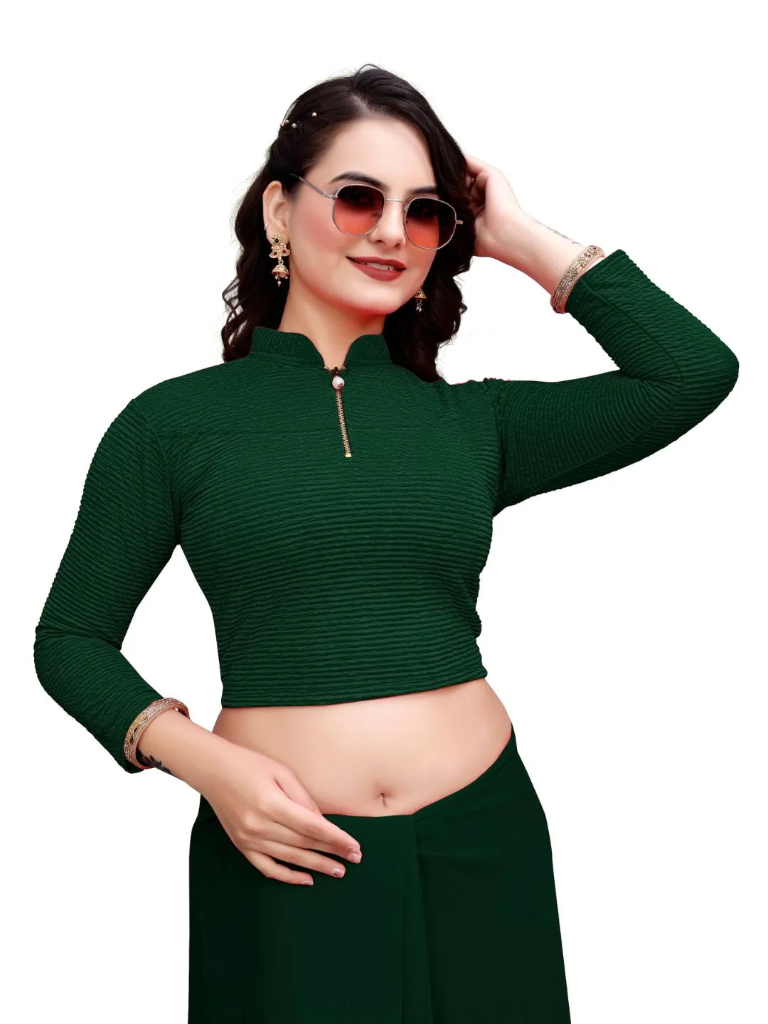 Readymade High Neck Blouse | Crush Chain Front Zip Saree Choli for Women
