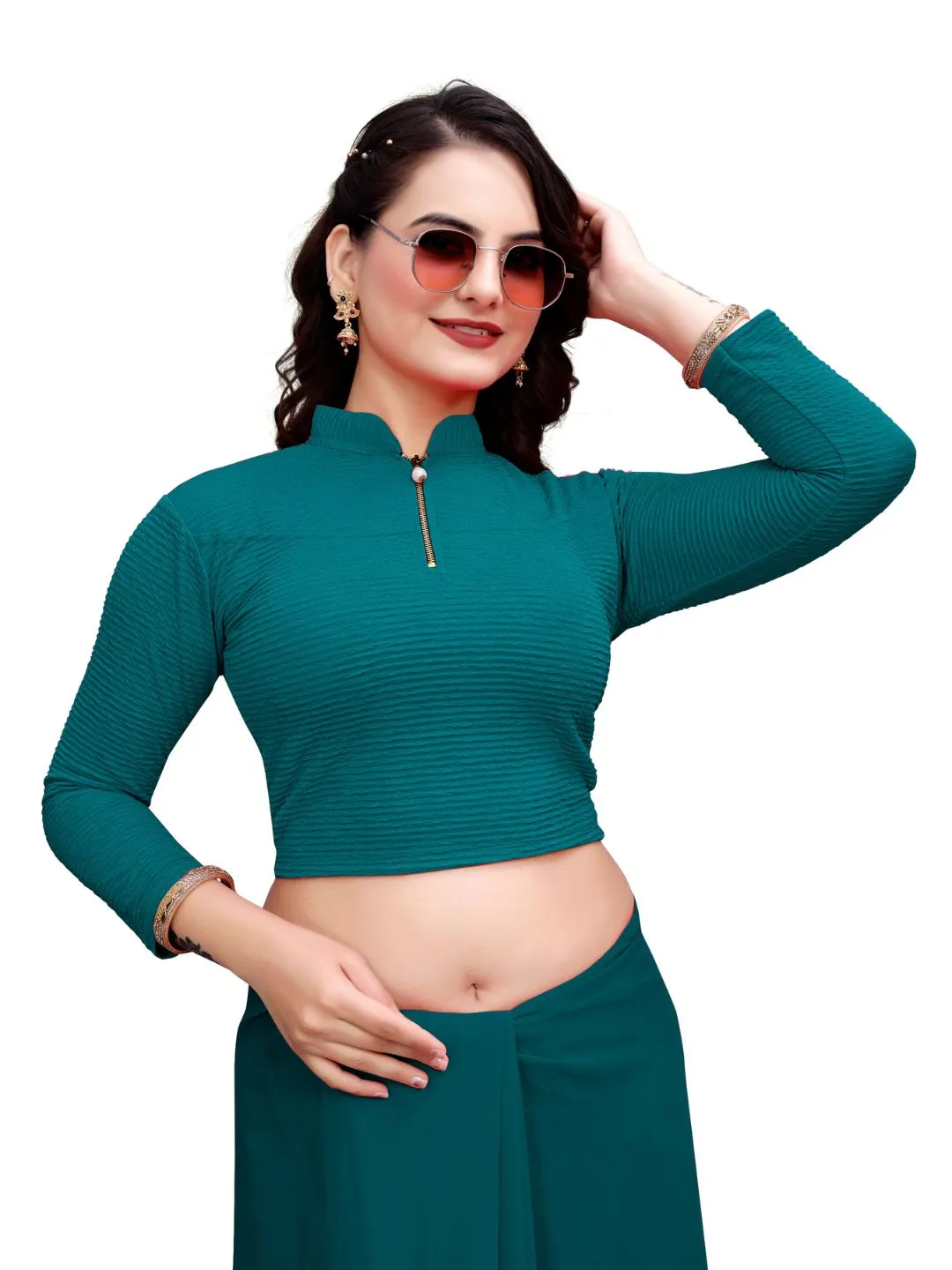 Crush Cotton Blend Blouse | Women’s Stretchable High Neck Ethnic Choli