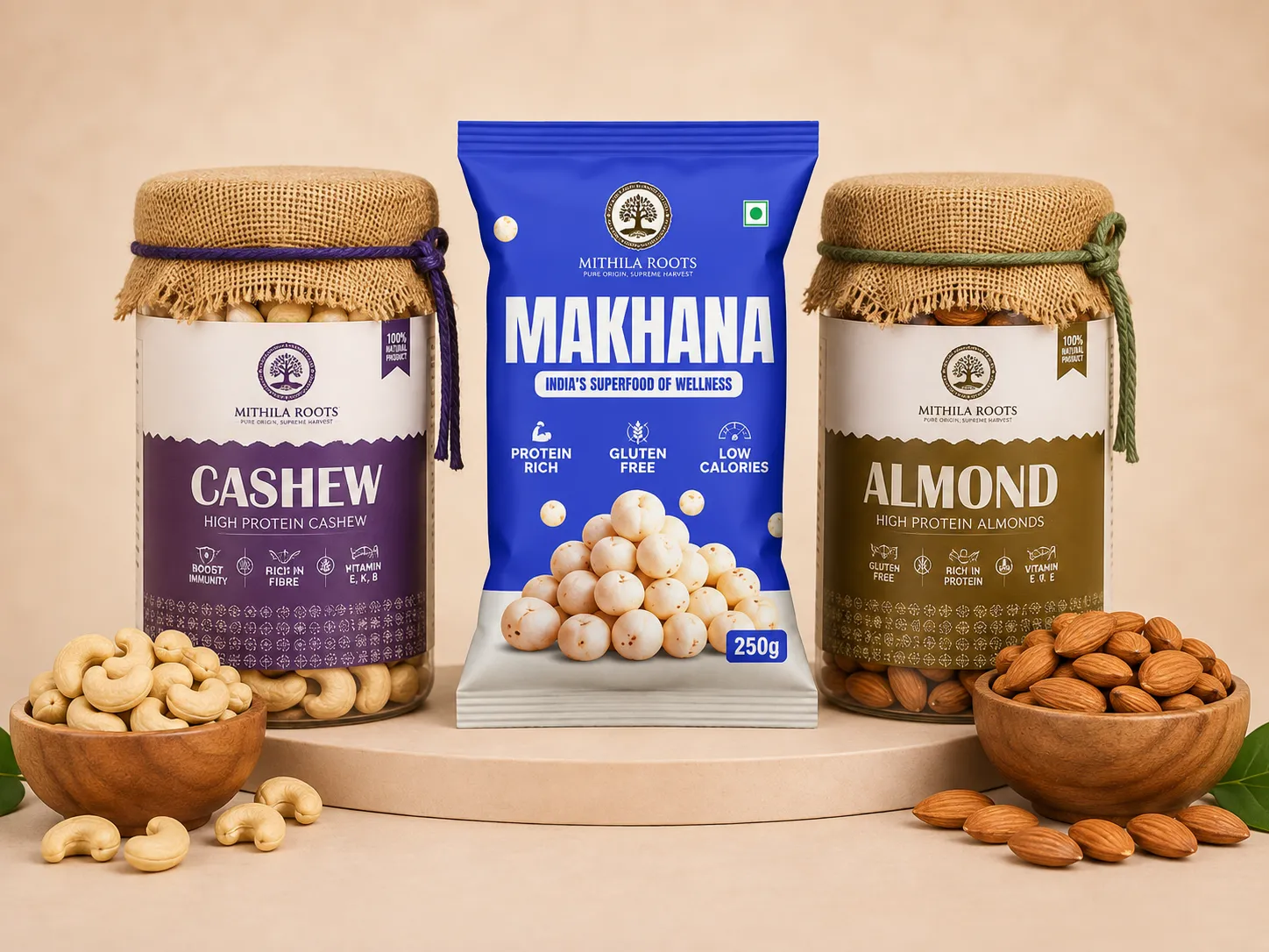 Mithila Roots Cashews Almonds & Makhana Dry Fruits Combo | 1.25kg
