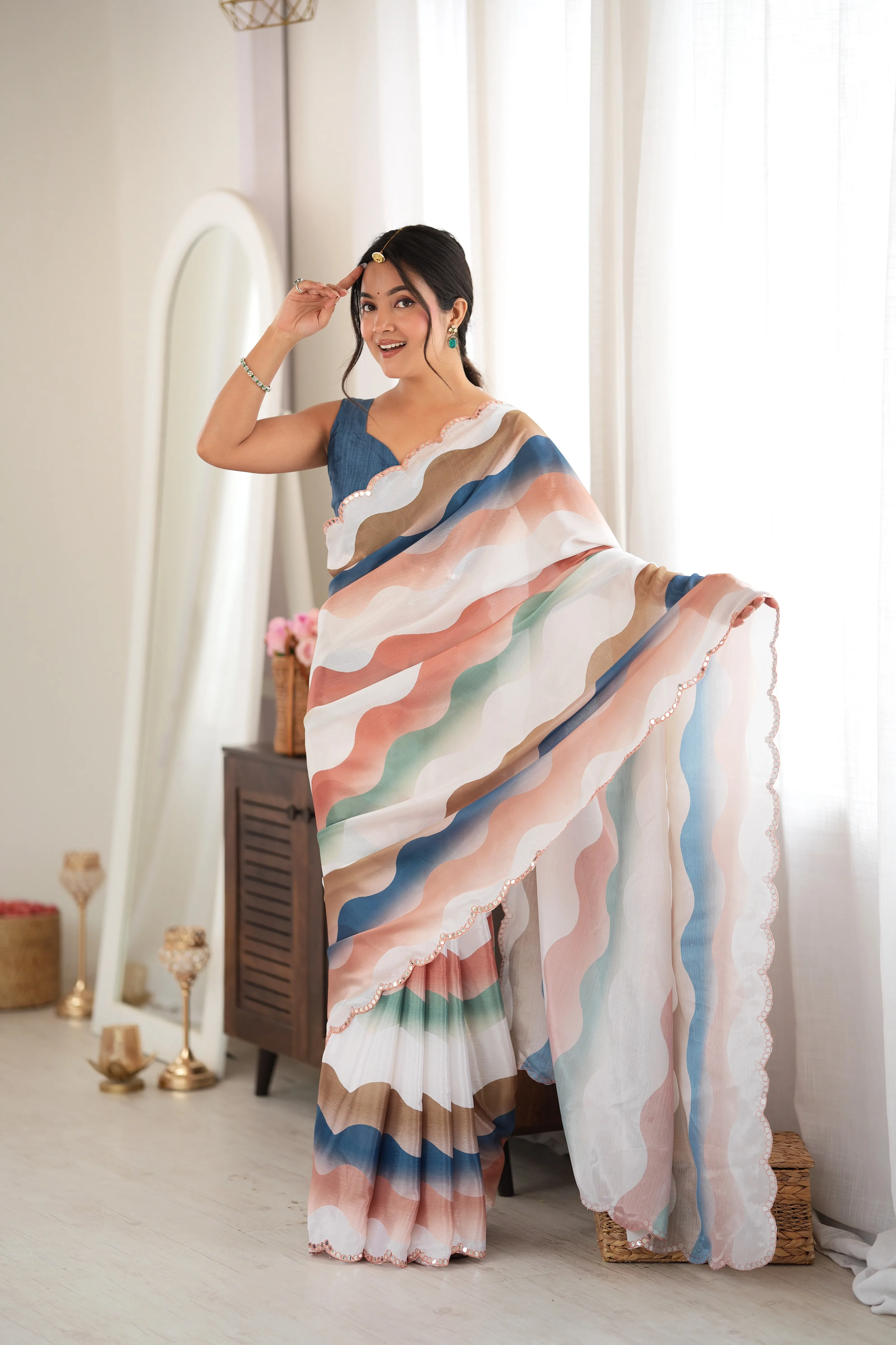 Panjari Denim Blue & Peach Wavy Stripes Chinon Saree with Scalloped Border