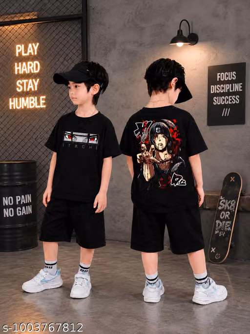 Kids Anime Graphic Black T-Shirt and Shorts Set