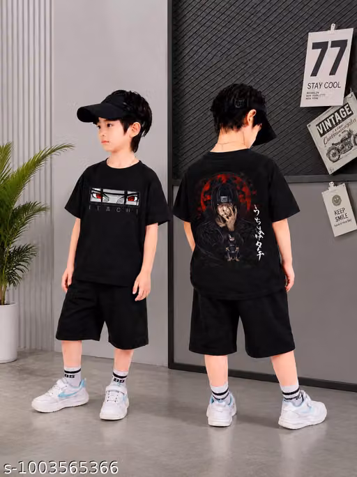 Kids Boys Anime Printed Black T-Shirt and Shorts Co-Ord Set
