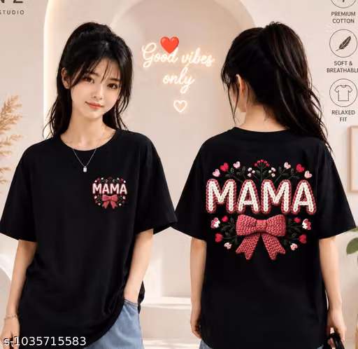 Women’s Mama Printed Black Cotton T-Shirt with Bow Back Design