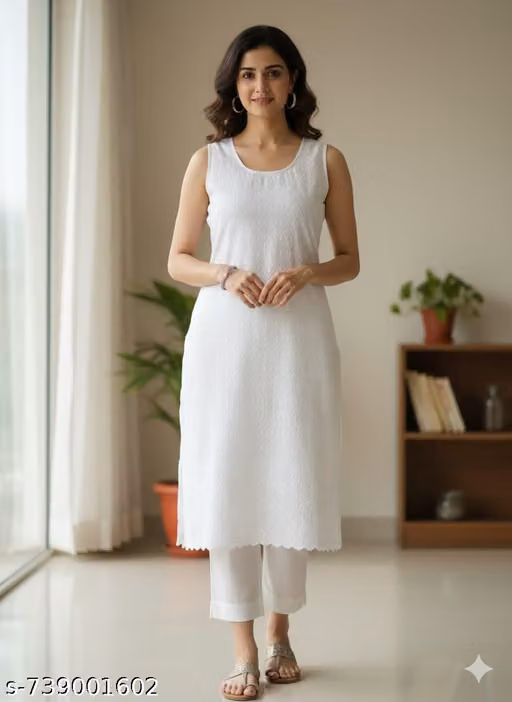 Women’s White Cotton Chikankari Sleeveless Kurti