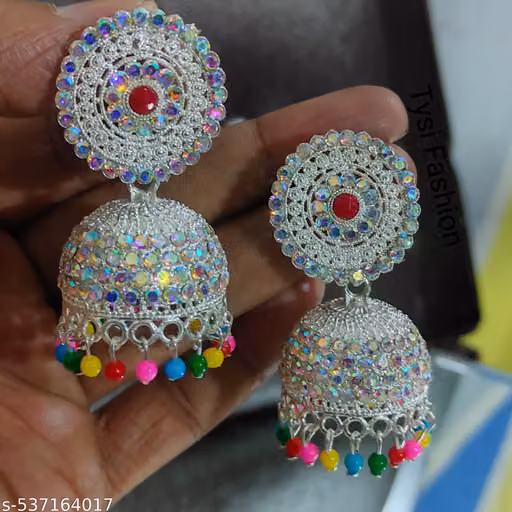 Multicolour Gold-Plated Stone & Bead Jhumka Earrings for Women