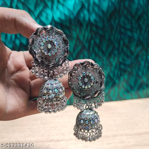Oxidised Silver Round Mirror Jhumka Earrings for Women