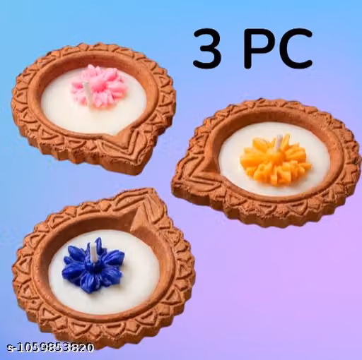 Pack of 3 Handcrafted Fragranced Wax Diyas with Blue Flower Accent