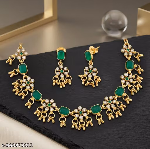 Premium Gold-Plated Green Stone Necklace Set with Designer Earrings for Women and Girls