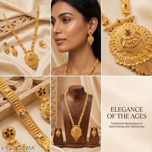 Traditional Gold-Plated Temple Haram Necklace Set with Matching Earrings for Women