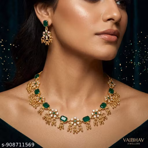 ilver-Plated Green Stone Kundan-Style Choker Necklace Set with Designer Earrings for Women and Girls