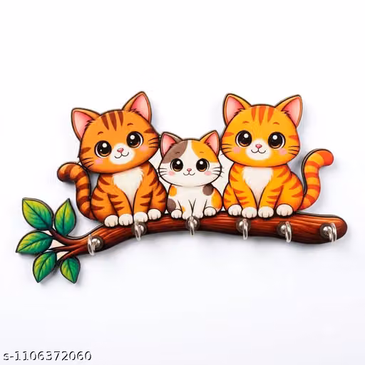 Cute Cat Design Wooden Wall-Mounted Key Holder with 6 Hooks for Home