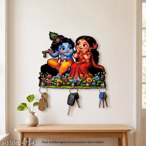 Radha Krishna Wooden Wall-Mounted Key Holder with 5 Hooks for Home