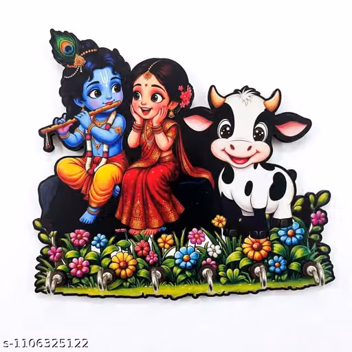 Radha Krishna Wooden Wall-Mounted Key Holder with 5 Hooks for Home