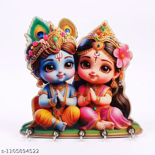 Baby Radha Krishna Wooden Wall-Mounted Key Holder with 5 Hooks for Home
